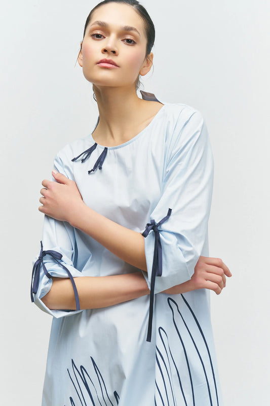 BIZE Front Stripe Patterned Skirt Piece Detail Dress - Ice Blue