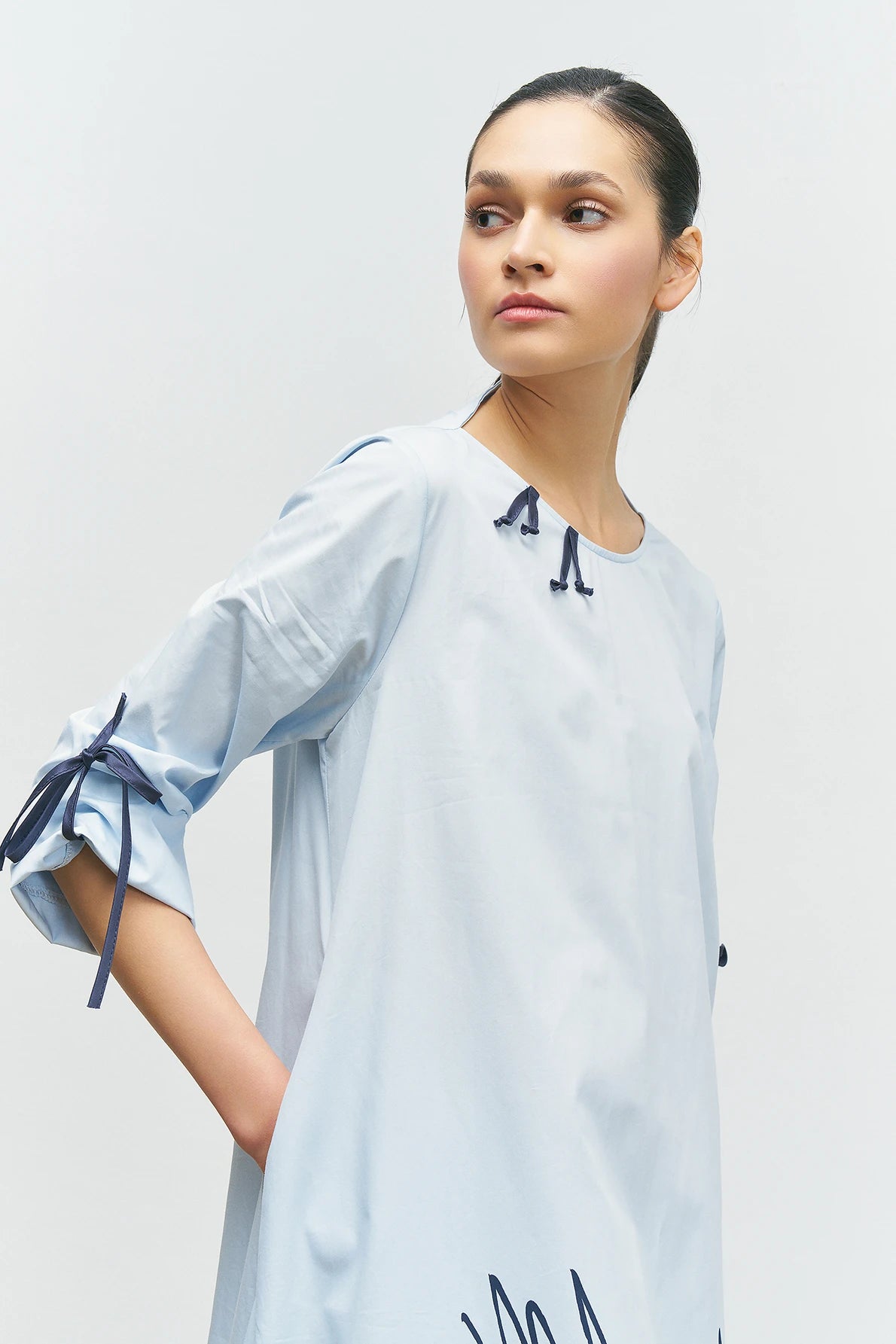 BIZE Front Stripe Patterned Skirt Piece Detail Dress - Ice Blue