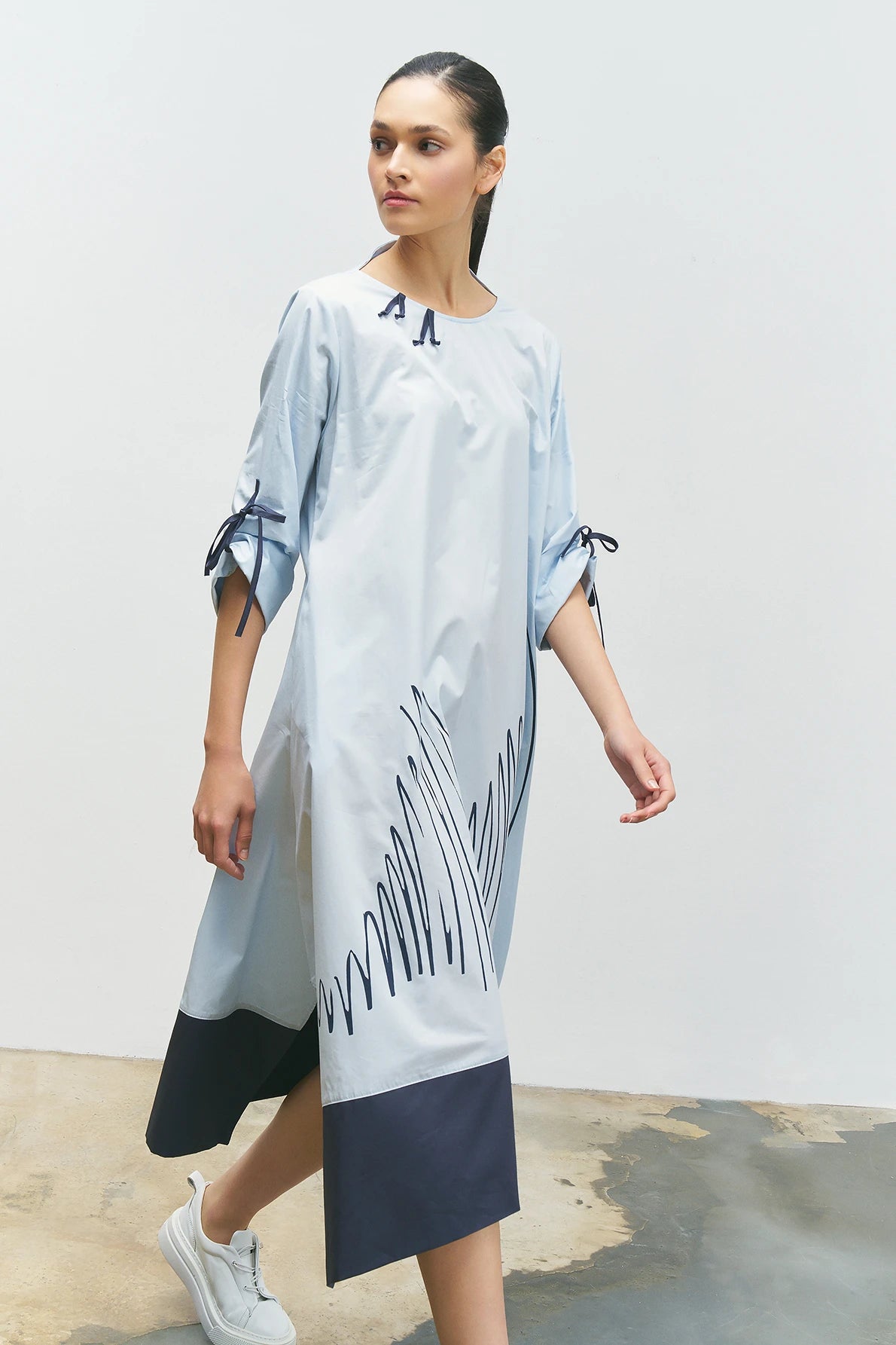 BIZE Front Stripe Patterned Skirt Piece Detail Dress - Ice Blue