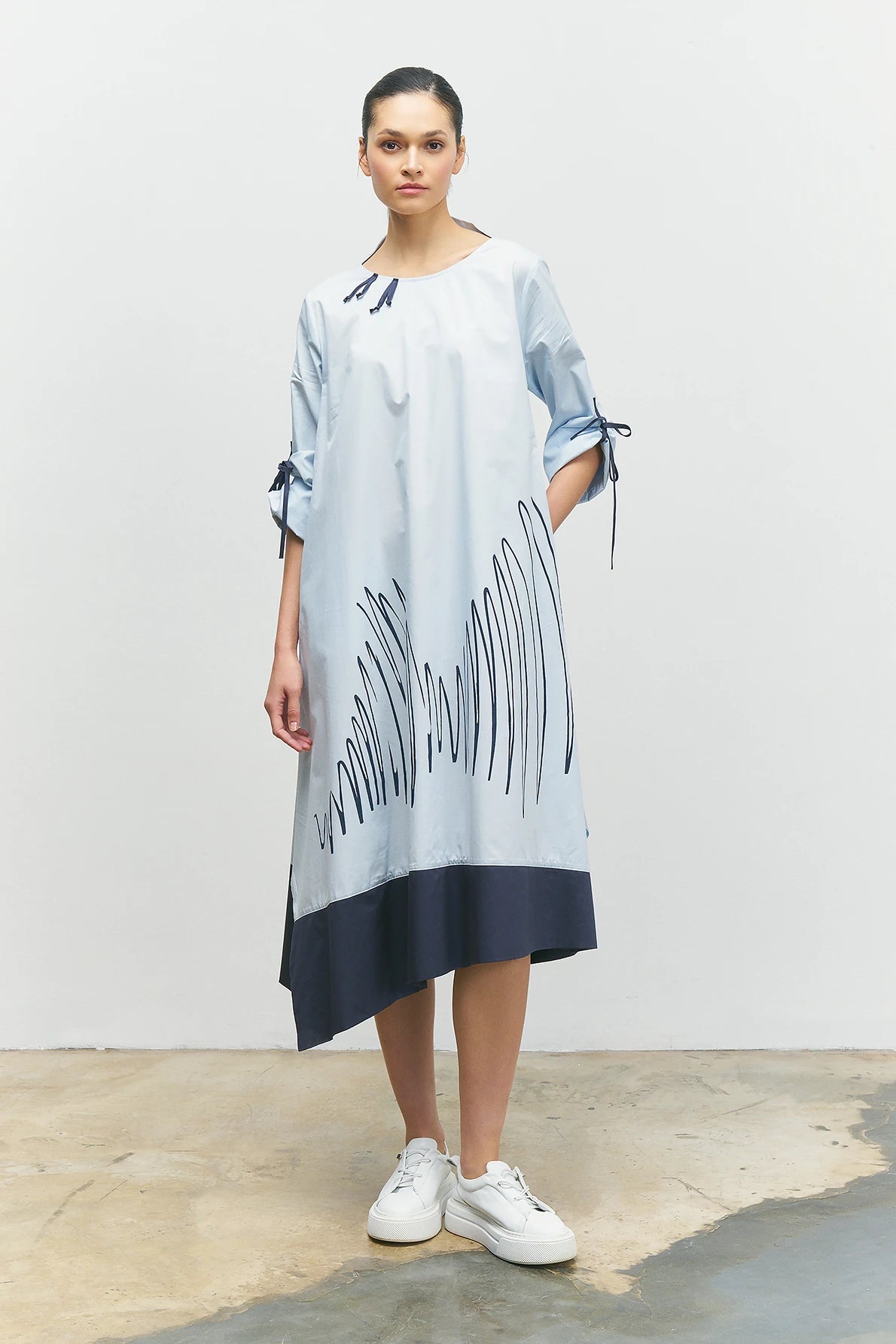 BIZE Front Stripe Patterned Skirt Piece Detail Dress - Ice Blue