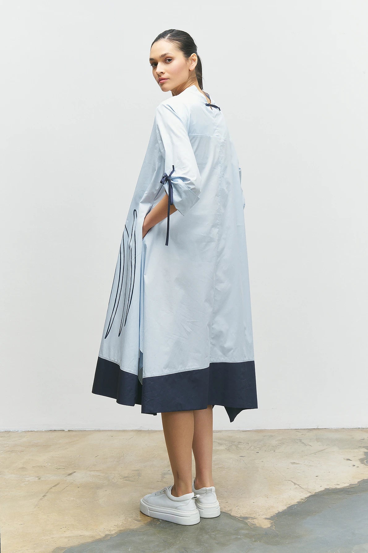 BIZE Front Stripe Patterned Skirt Piece Detail Dress - Ice Blue