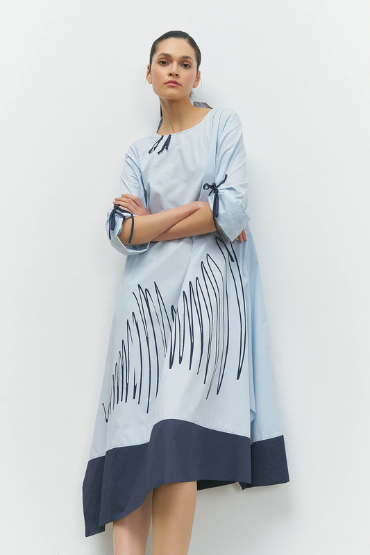 BIZE Front Stripe Patterned Skirt Piece Detail Dress - Ice Blue